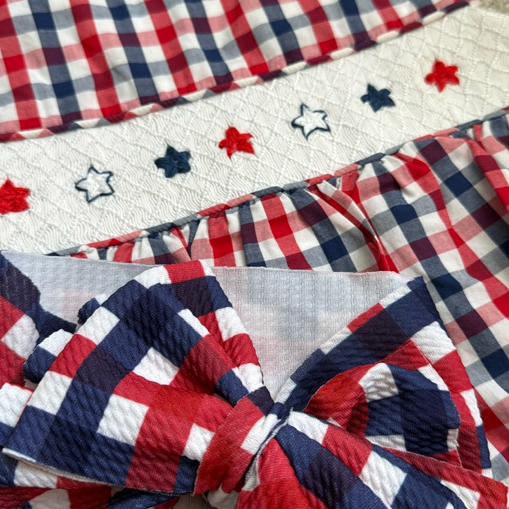 Patriotic Plaid Baby Romper with matching bow Headwrap - Picture 2 of 8